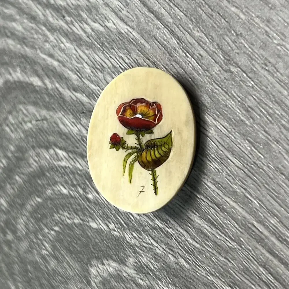 Hand Painted Floral Oval Brooch Pin Signed‎ 7 Gold Tone Back Spouting Whale Box